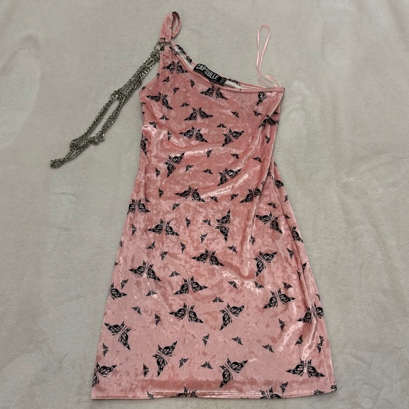 Dolls Kill Dresses & Skirts - Dolls Kill Capsule One Shoulder Velour Chain Butterfly Pink Mini Dress